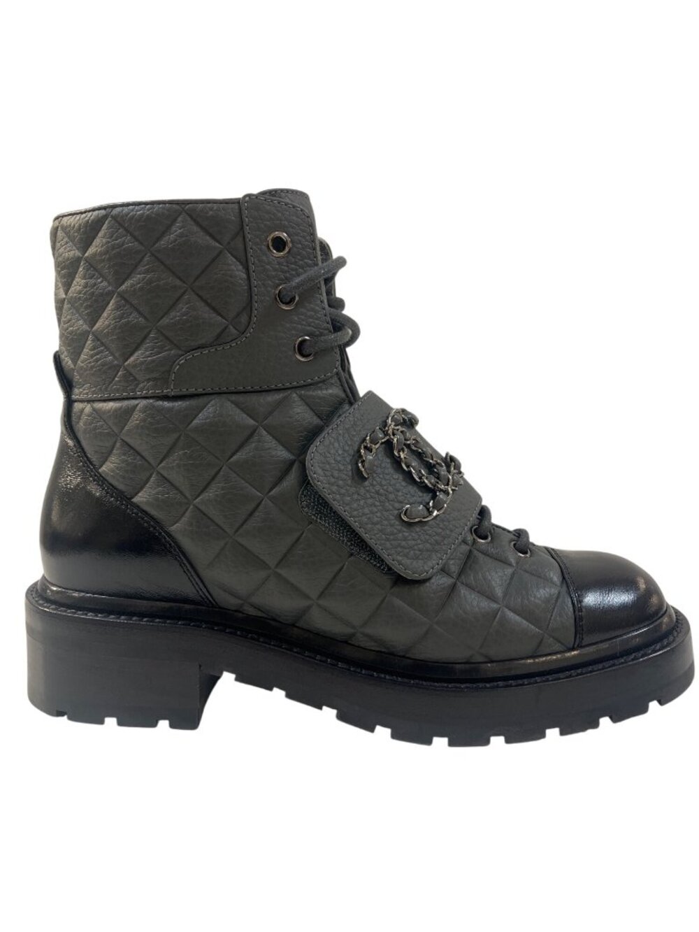 B-8. Chanel Quilted Combat Boot IT 37 US 6.5 Gray Black
